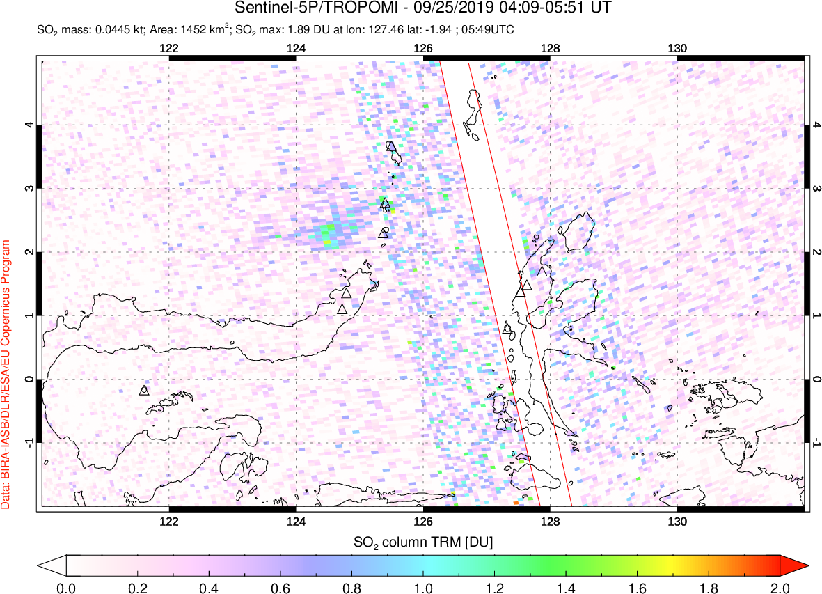 A sulfur dioxide image over Northern Sulawesi & Halmahera, Indonesia on Sep 25, 2019.