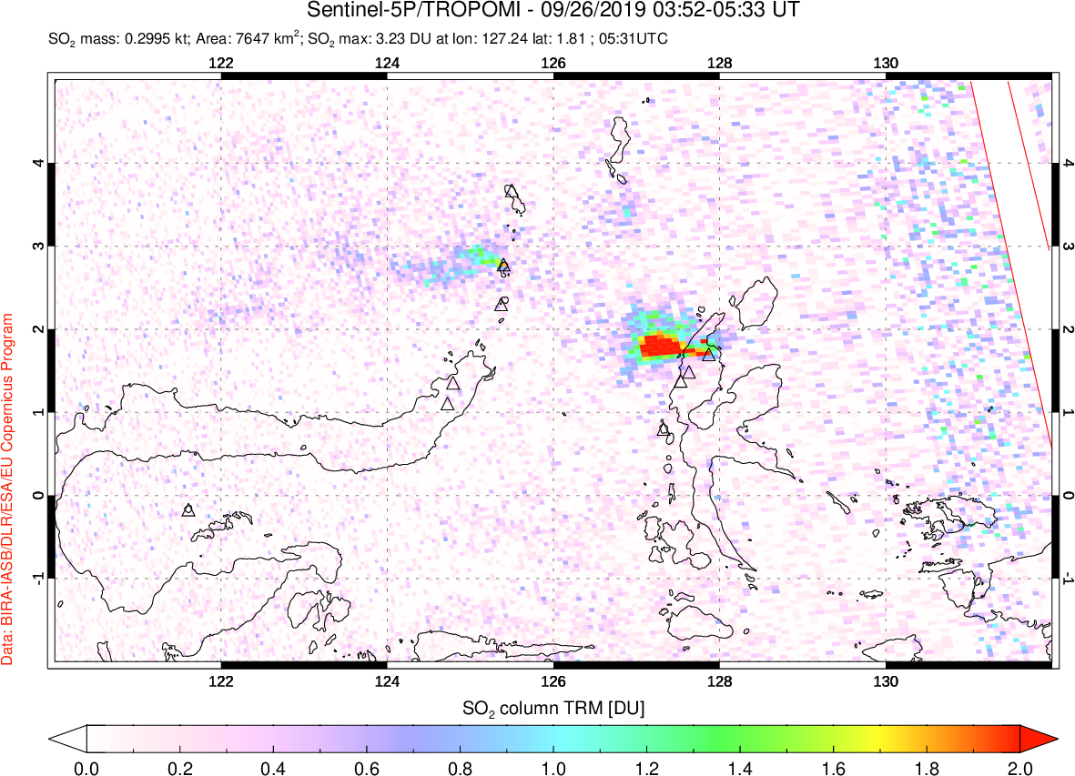 A sulfur dioxide image over Northern Sulawesi & Halmahera, Indonesia on Sep 26, 2019.