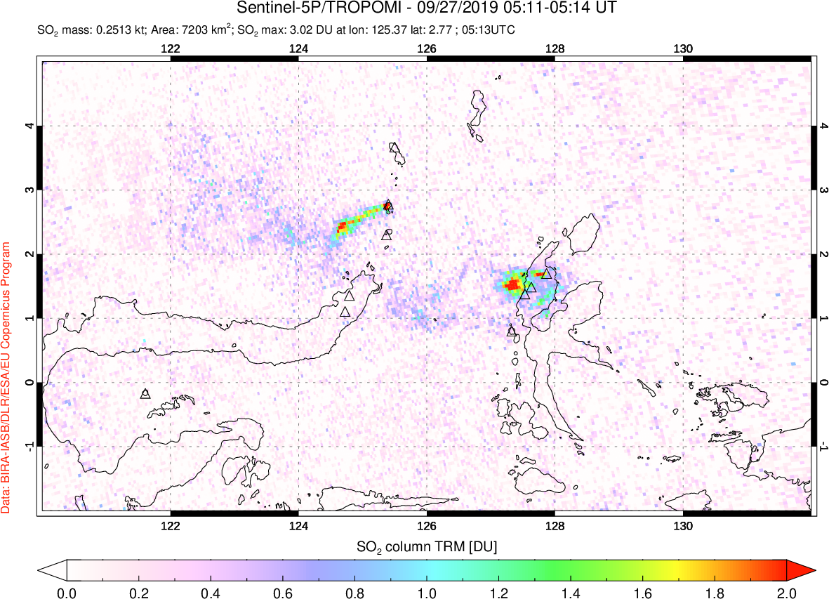 A sulfur dioxide image over Northern Sulawesi & Halmahera, Indonesia on Sep 27, 2019.