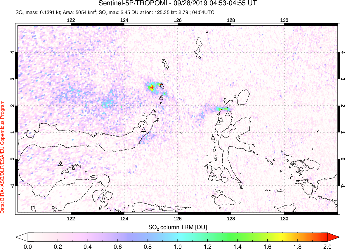 A sulfur dioxide image over Northern Sulawesi & Halmahera, Indonesia on Sep 28, 2019.