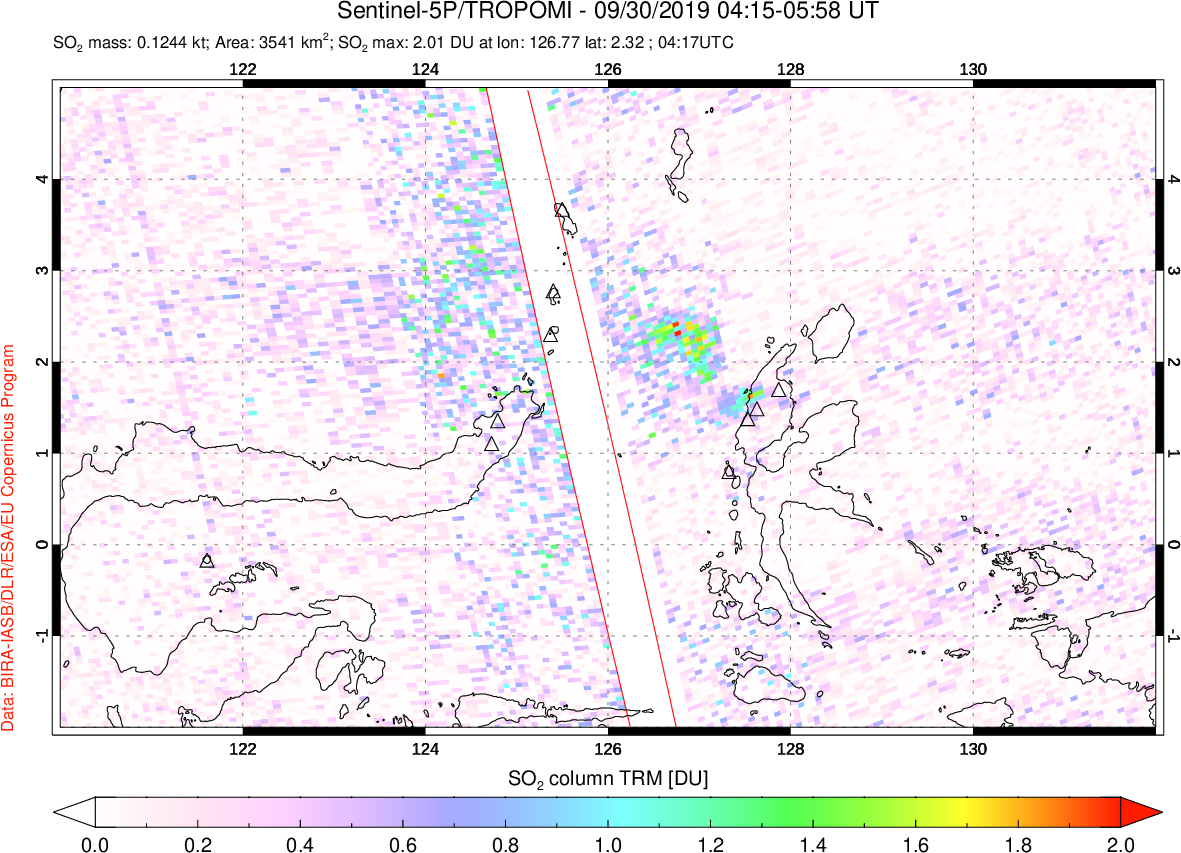 A sulfur dioxide image over Northern Sulawesi & Halmahera, Indonesia on Sep 30, 2019.