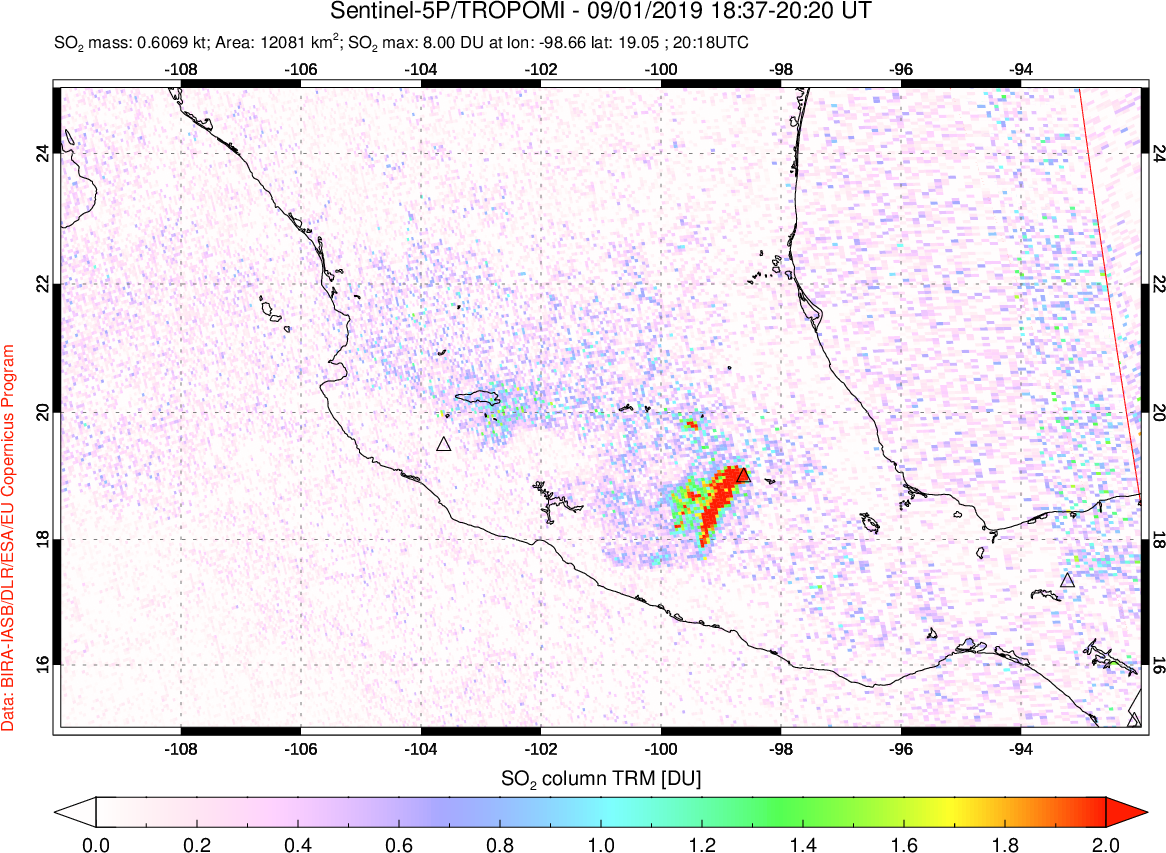 A sulfur dioxide image over Mexico on Sep 01, 2019.