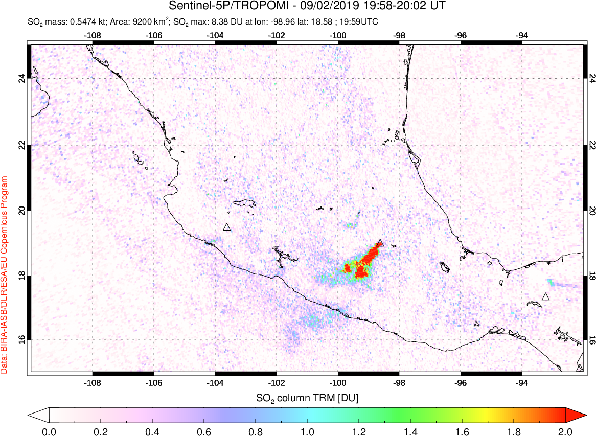 A sulfur dioxide image over Mexico on Sep 02, 2019.