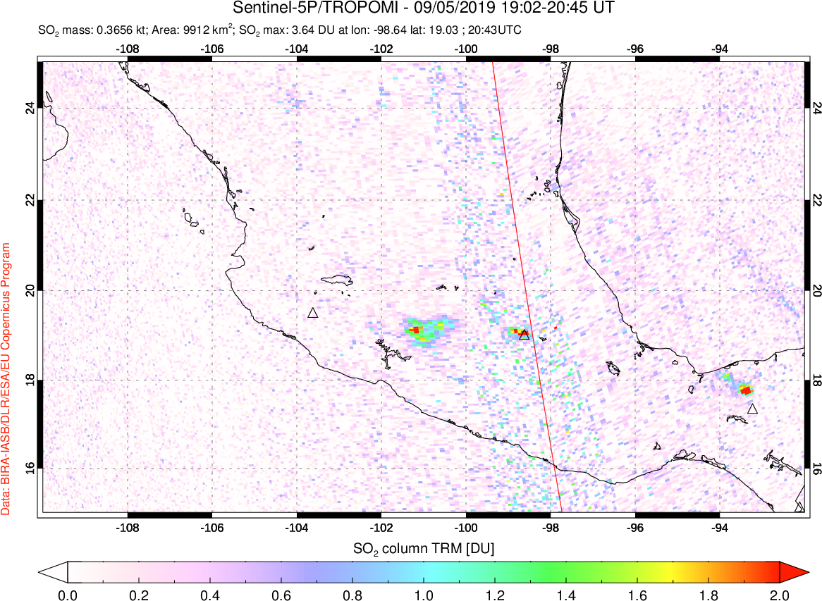 A sulfur dioxide image over Mexico on Sep 05, 2019.