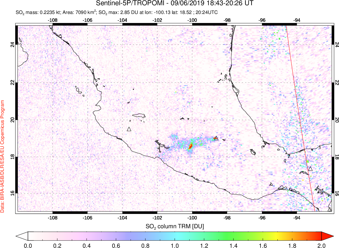 A sulfur dioxide image over Mexico on Sep 06, 2019.