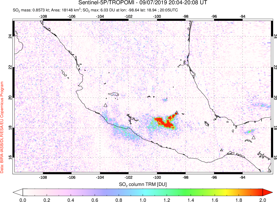 A sulfur dioxide image over Mexico on Sep 07, 2019.