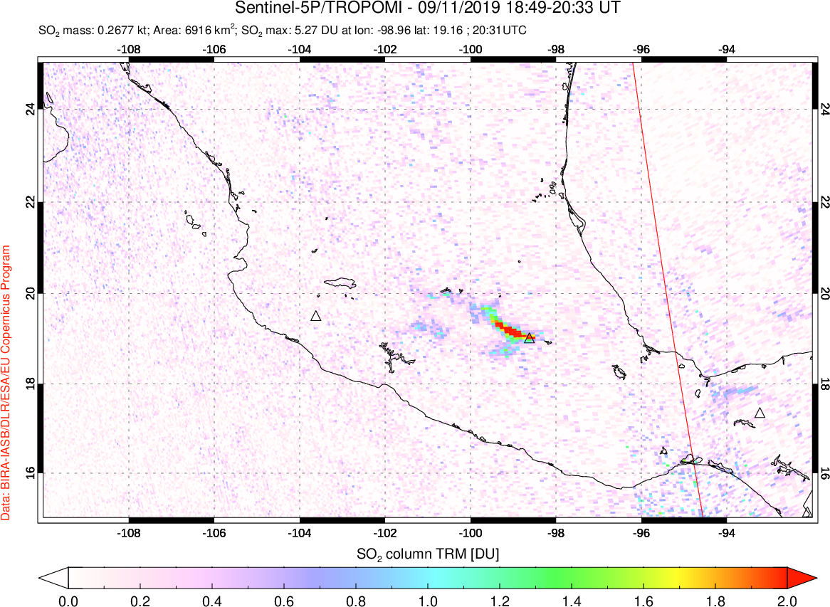 A sulfur dioxide image over Mexico on Sep 11, 2019.