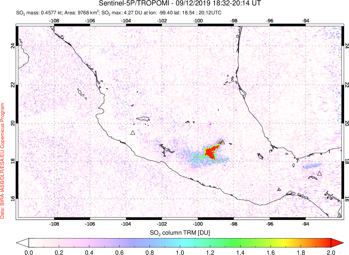 A sulfur dioxide image over Mexico on Sep 12, 2019.