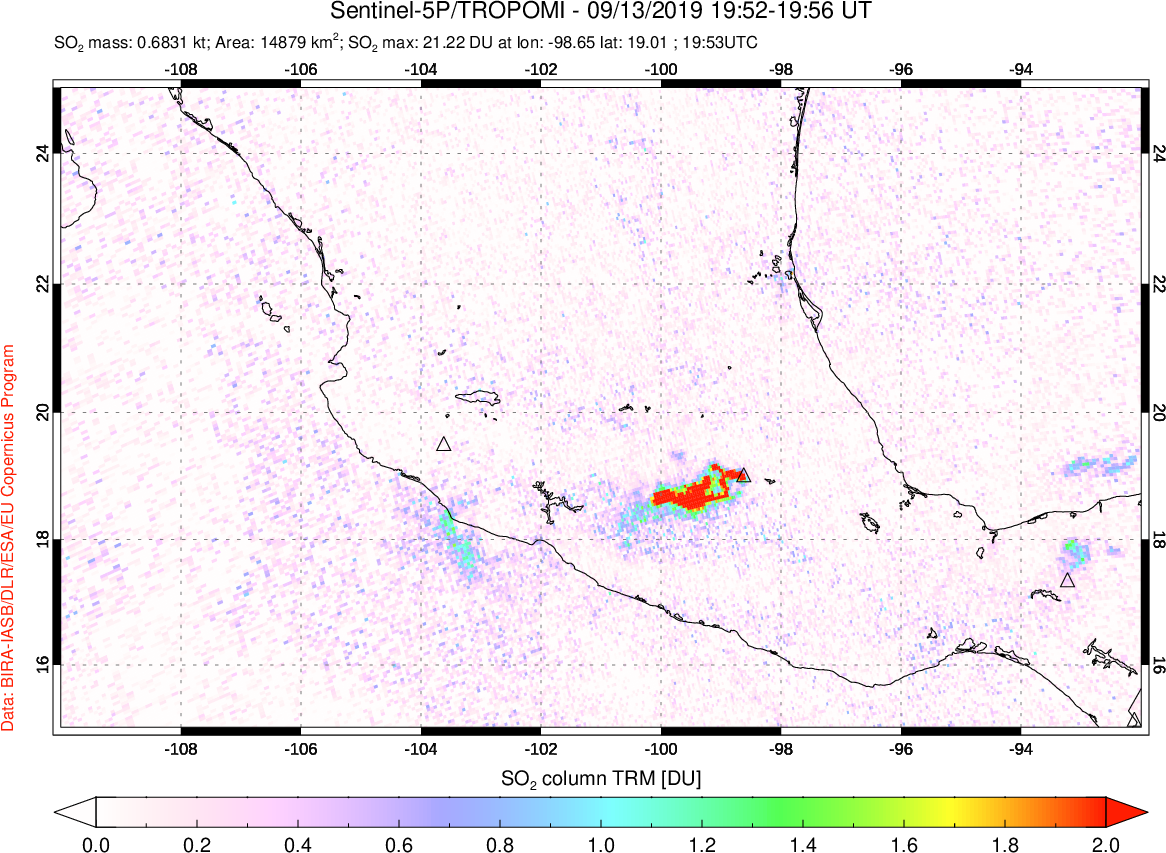 A sulfur dioxide image over Mexico on Sep 13, 2019.