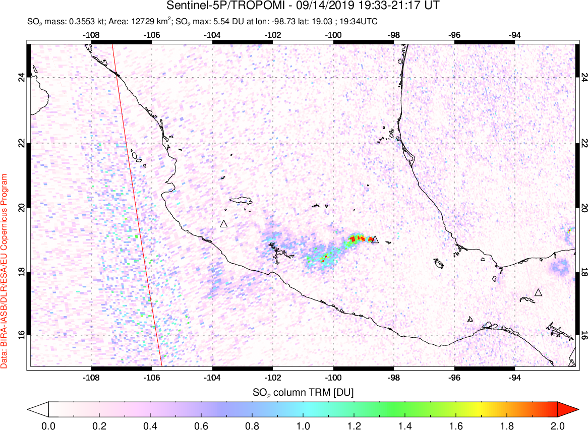 A sulfur dioxide image over Mexico on Sep 14, 2019.
