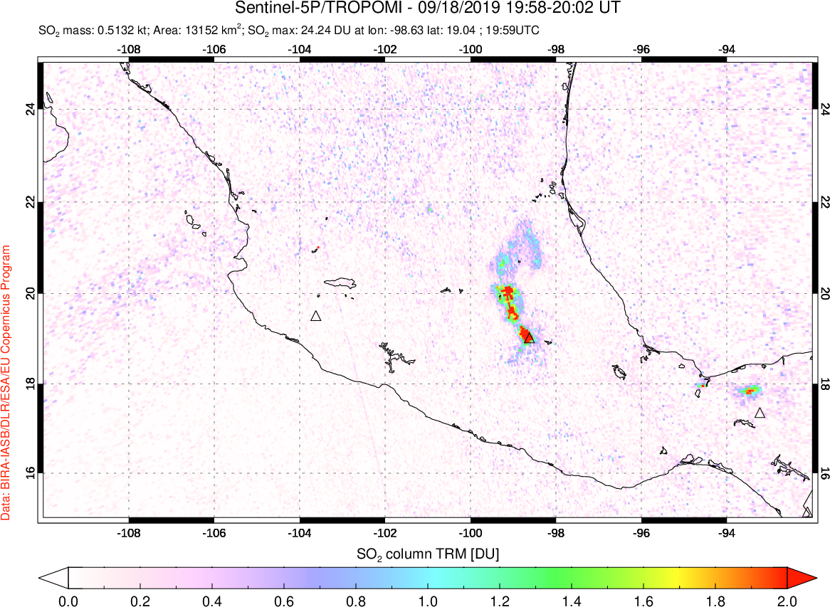 A sulfur dioxide image over Mexico on Sep 18, 2019.