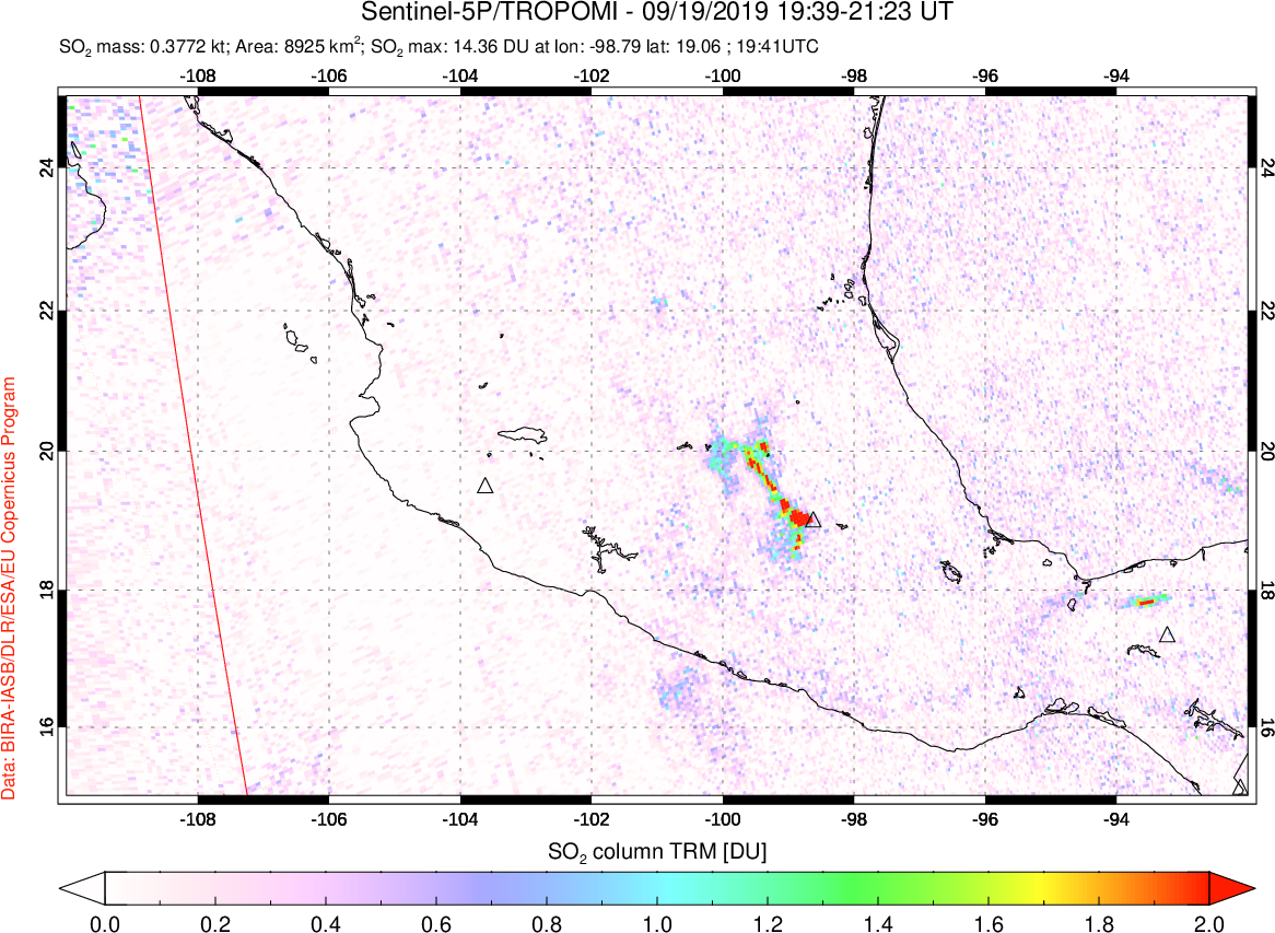 A sulfur dioxide image over Mexico on Sep 19, 2019.