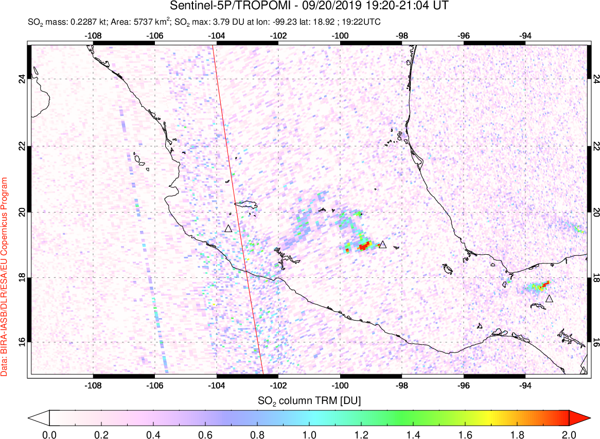 A sulfur dioxide image over Mexico on Sep 20, 2019.