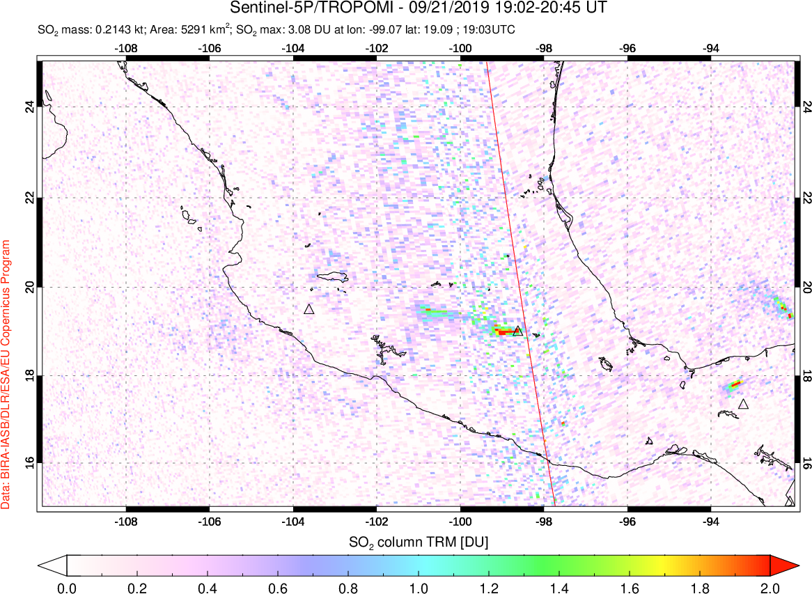 A sulfur dioxide image over Mexico on Sep 21, 2019.