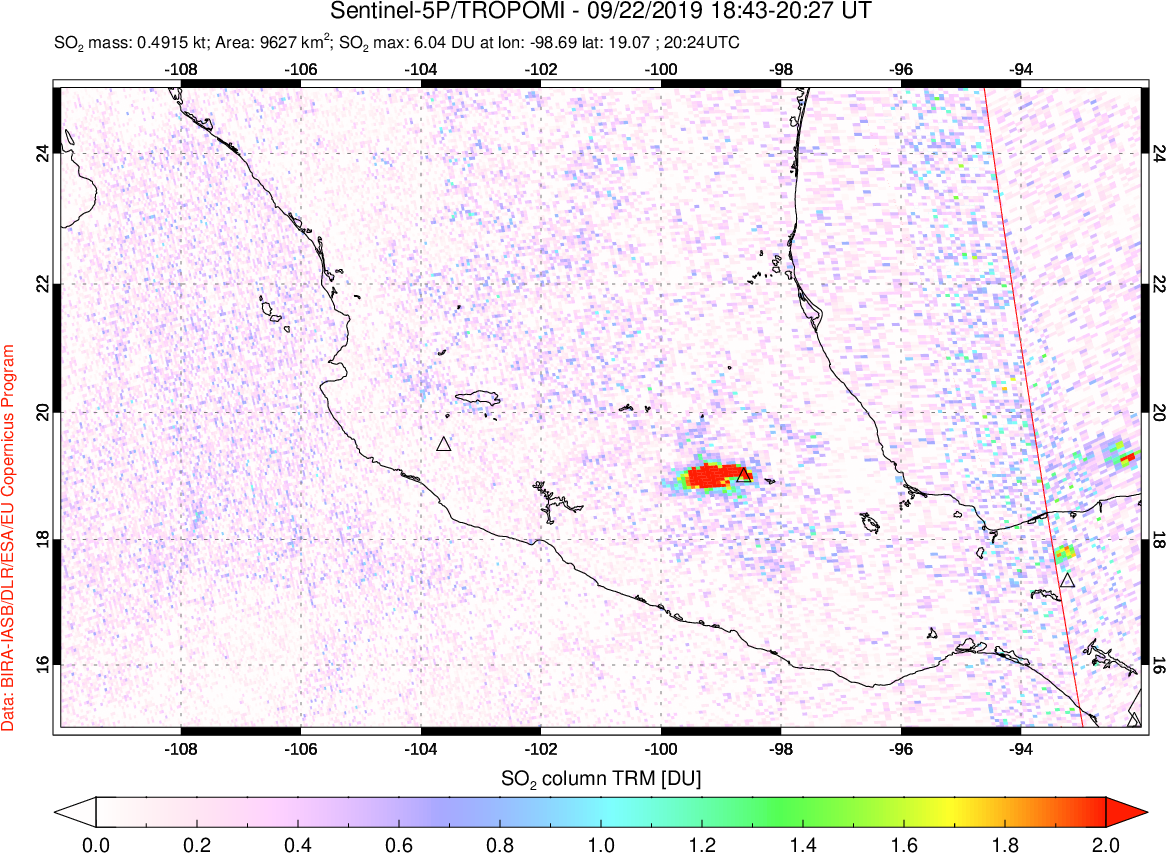 A sulfur dioxide image over Mexico on Sep 22, 2019.