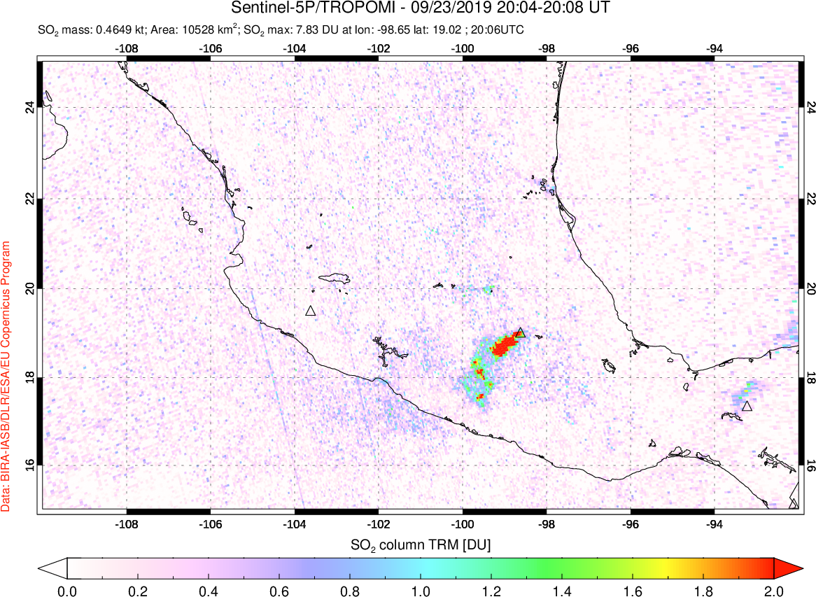 A sulfur dioxide image over Mexico on Sep 23, 2019.