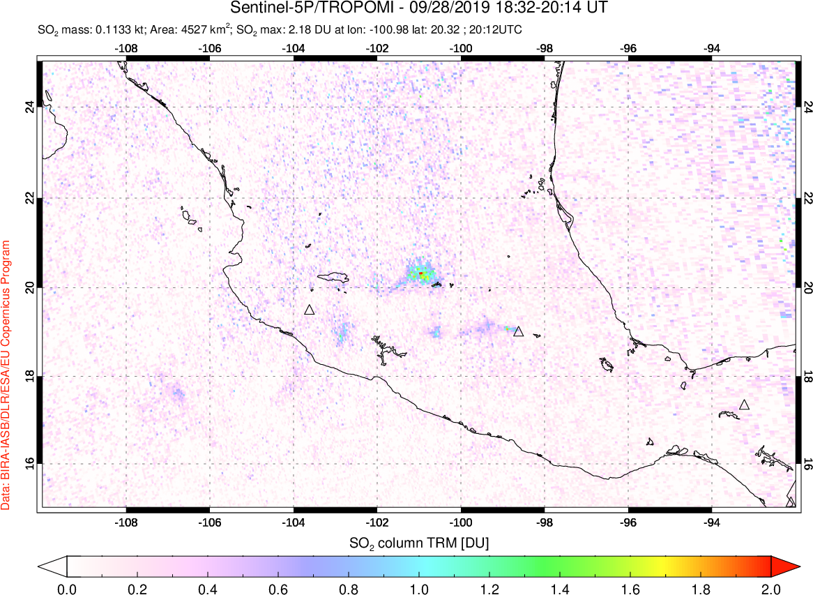 A sulfur dioxide image over Mexico on Sep 28, 2019.