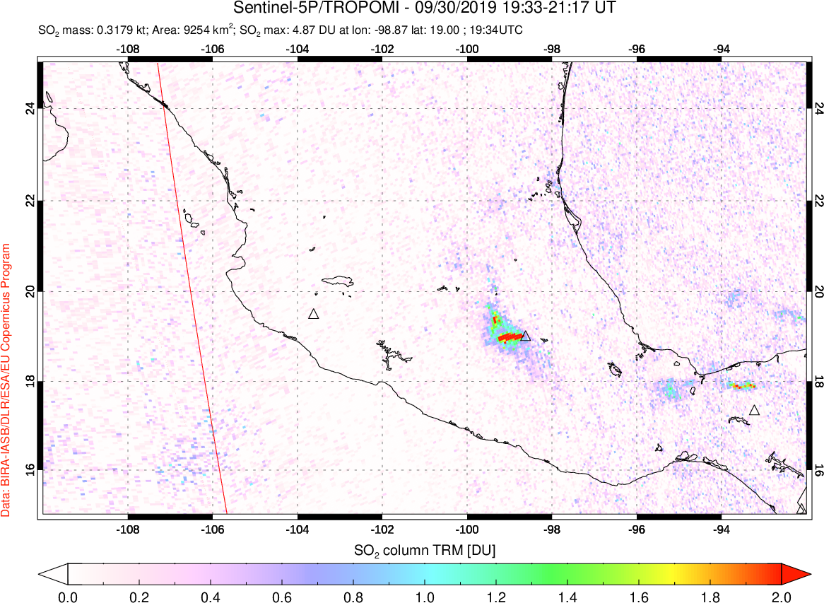 A sulfur dioxide image over Mexico on Sep 30, 2019.