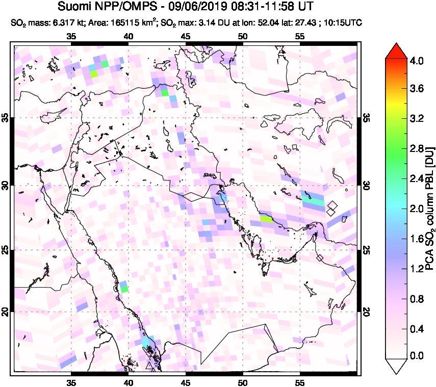 A sulfur dioxide image over Middle East on Sep 06, 2019.