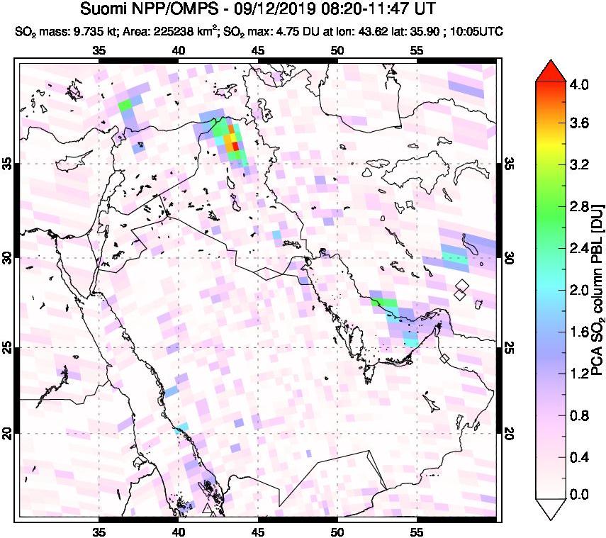 A sulfur dioxide image over Middle East on Sep 12, 2019.