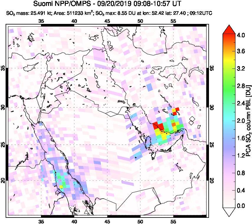A sulfur dioxide image over Middle East on Sep 20, 2019.
