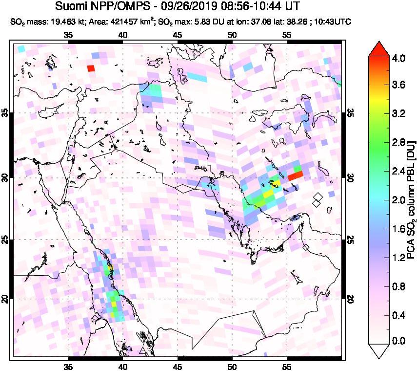 A sulfur dioxide image over Middle East on Sep 26, 2019.