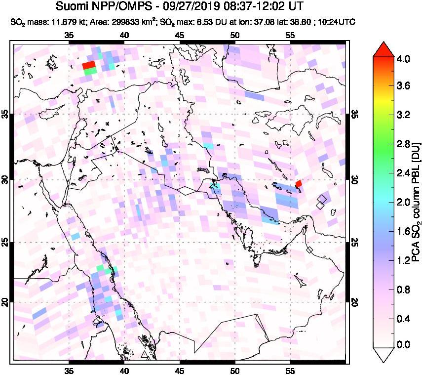 A sulfur dioxide image over Middle East on Sep 27, 2019.