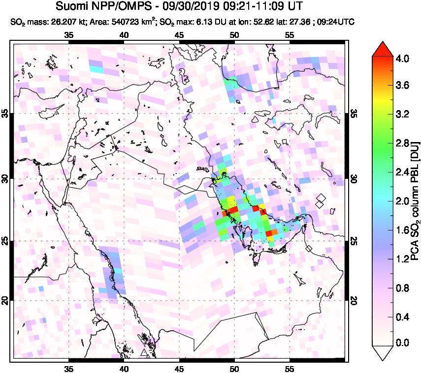A sulfur dioxide image over Middle East on Sep 30, 2019.