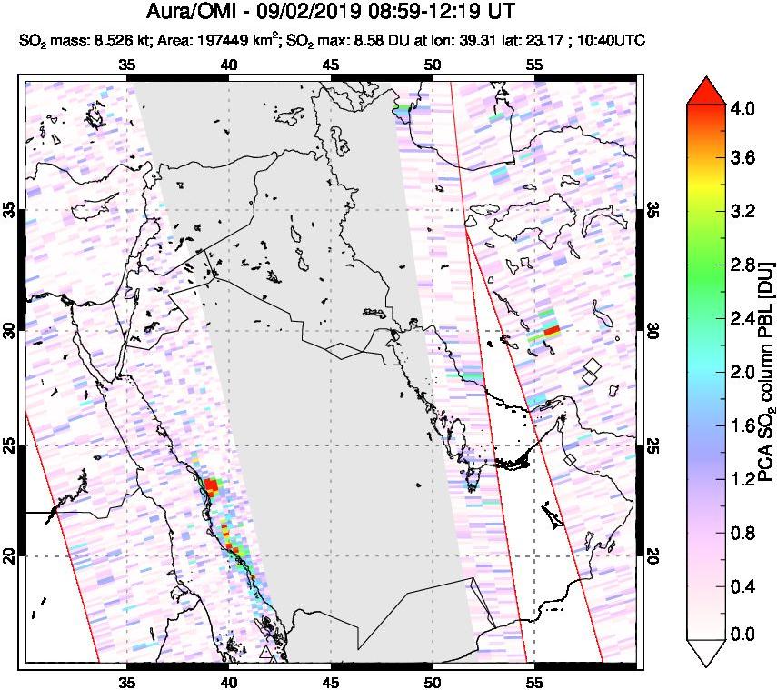 A sulfur dioxide image over Middle East on Sep 02, 2019.