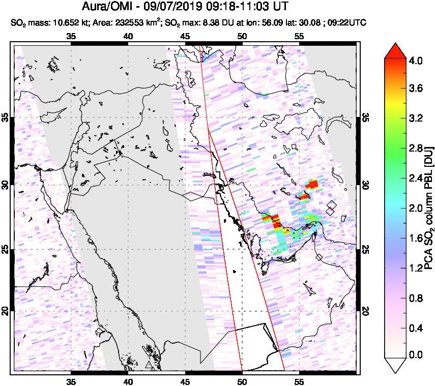 A sulfur dioxide image over Middle East on Sep 07, 2019.