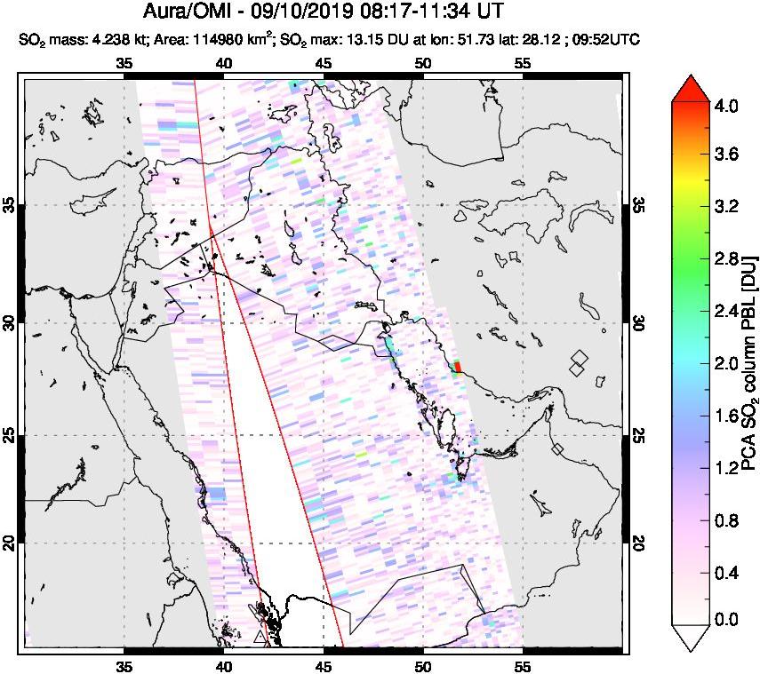 A sulfur dioxide image over Middle East on Sep 10, 2019.