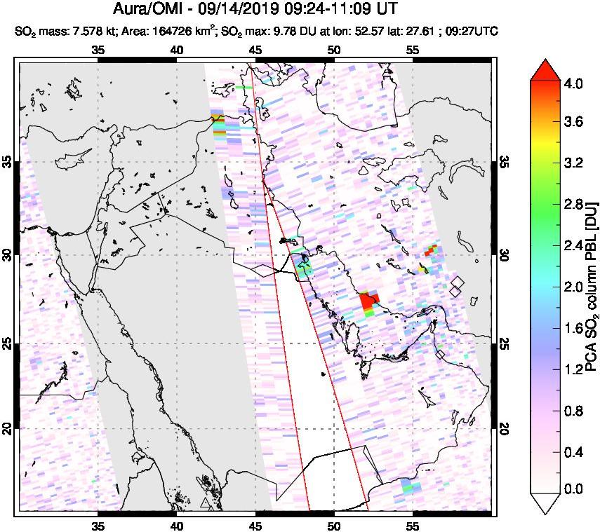 A sulfur dioxide image over Middle East on Sep 14, 2019.
