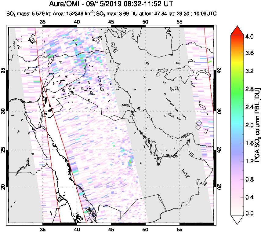 A sulfur dioxide image over Middle East on Sep 15, 2019.