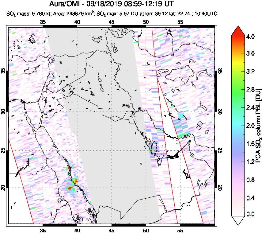 A sulfur dioxide image over Middle East on Sep 18, 2019.
