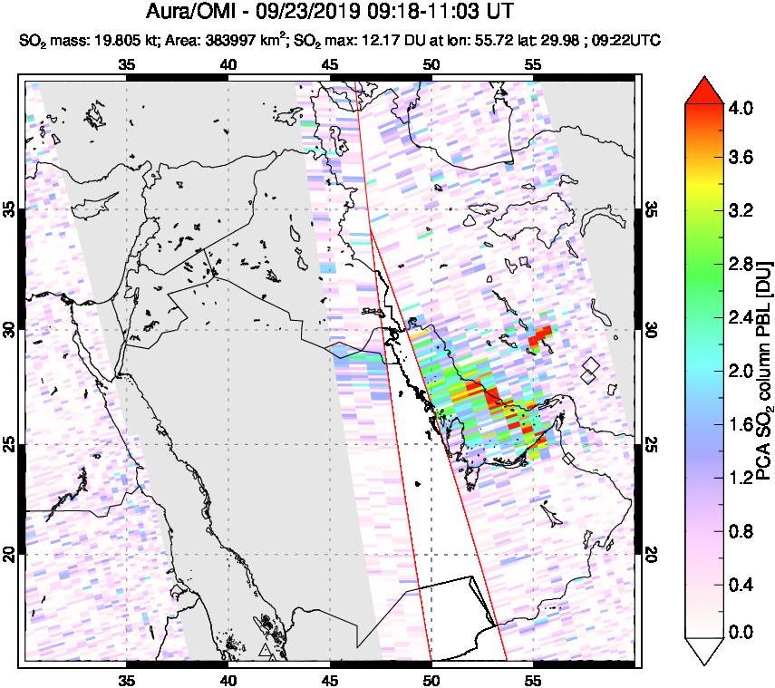 A sulfur dioxide image over Middle East on Sep 23, 2019.
