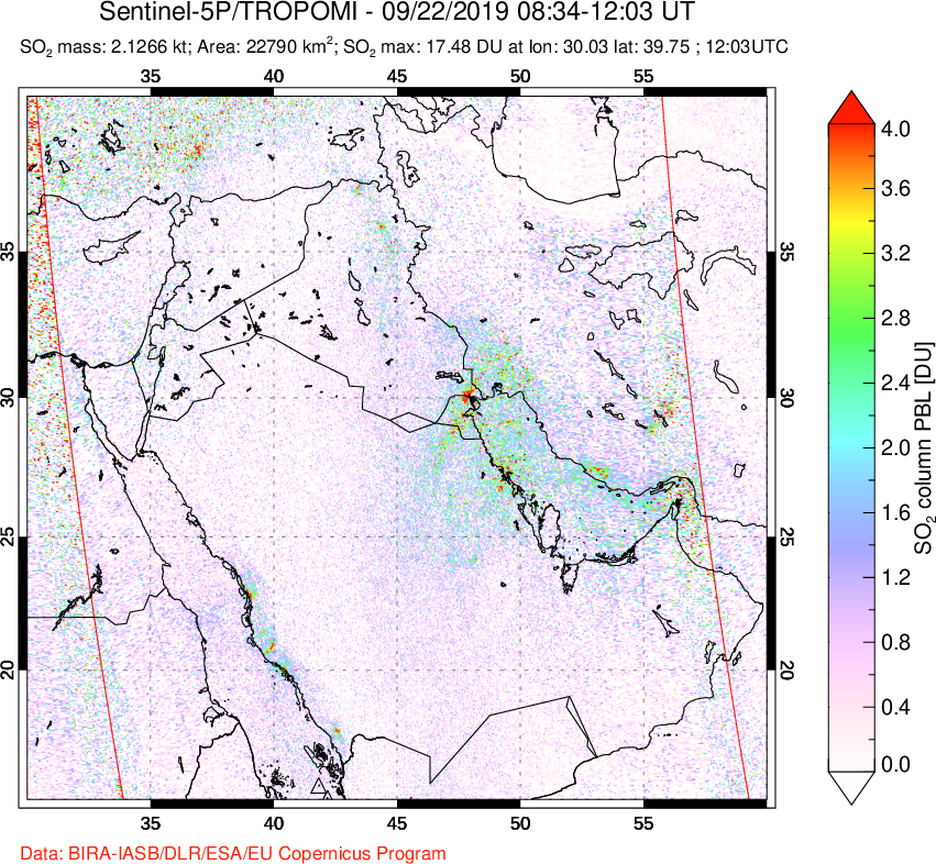 A sulfur dioxide image over Middle East on Sep 22, 2019.