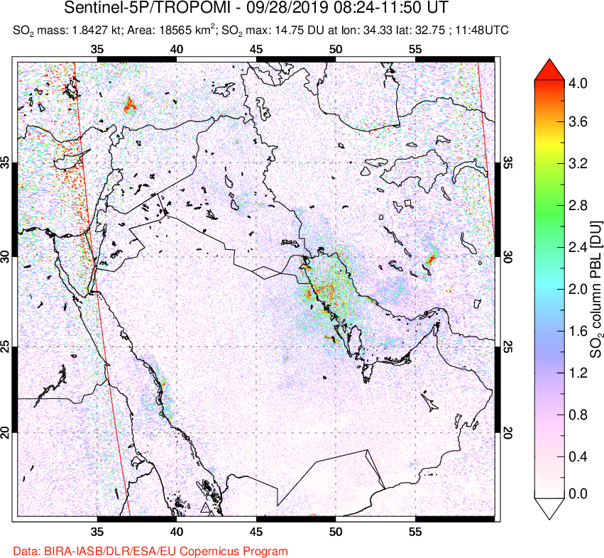 A sulfur dioxide image over Middle East on Sep 28, 2019.