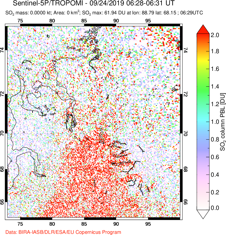 A sulfur dioxide image over Norilsk, Russian Federation on Sep 24, 2019.