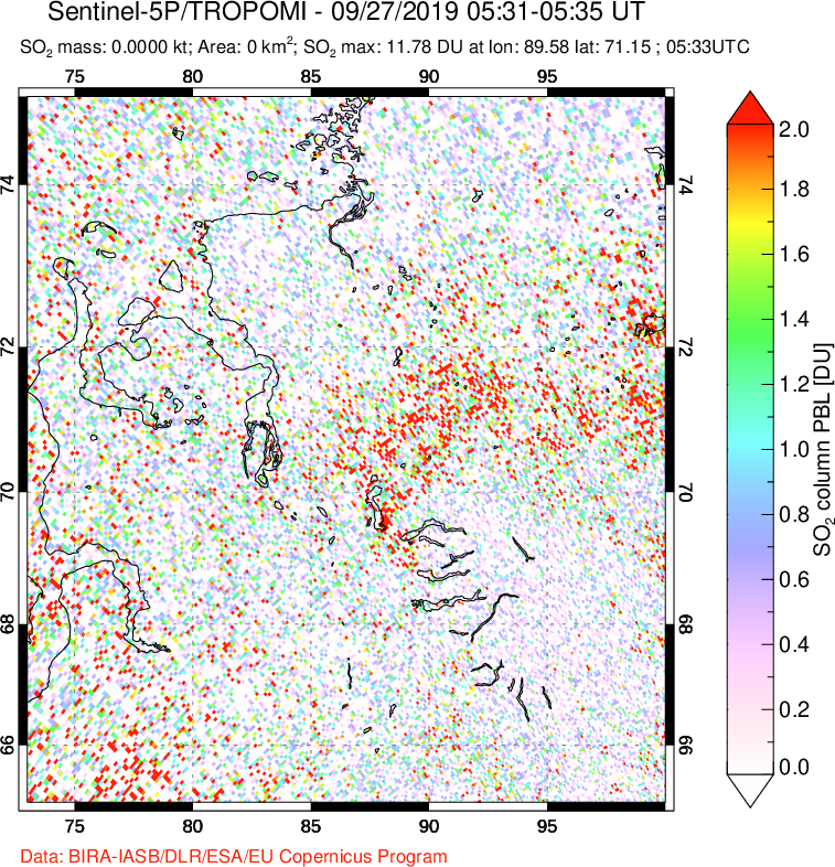 A sulfur dioxide image over Norilsk, Russian Federation on Sep 27, 2019.