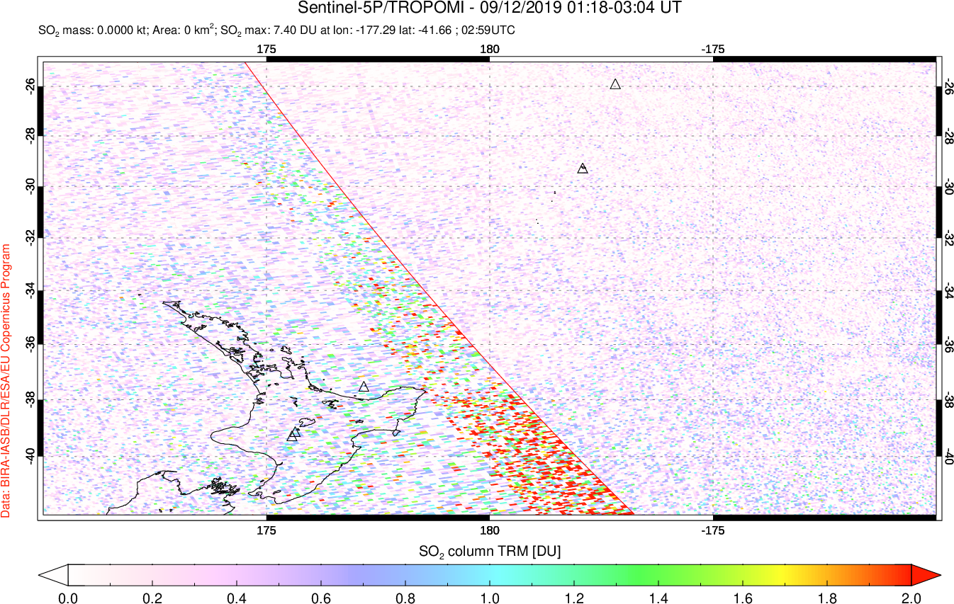 A sulfur dioxide image over New Zealand on Sep 12, 2019.
