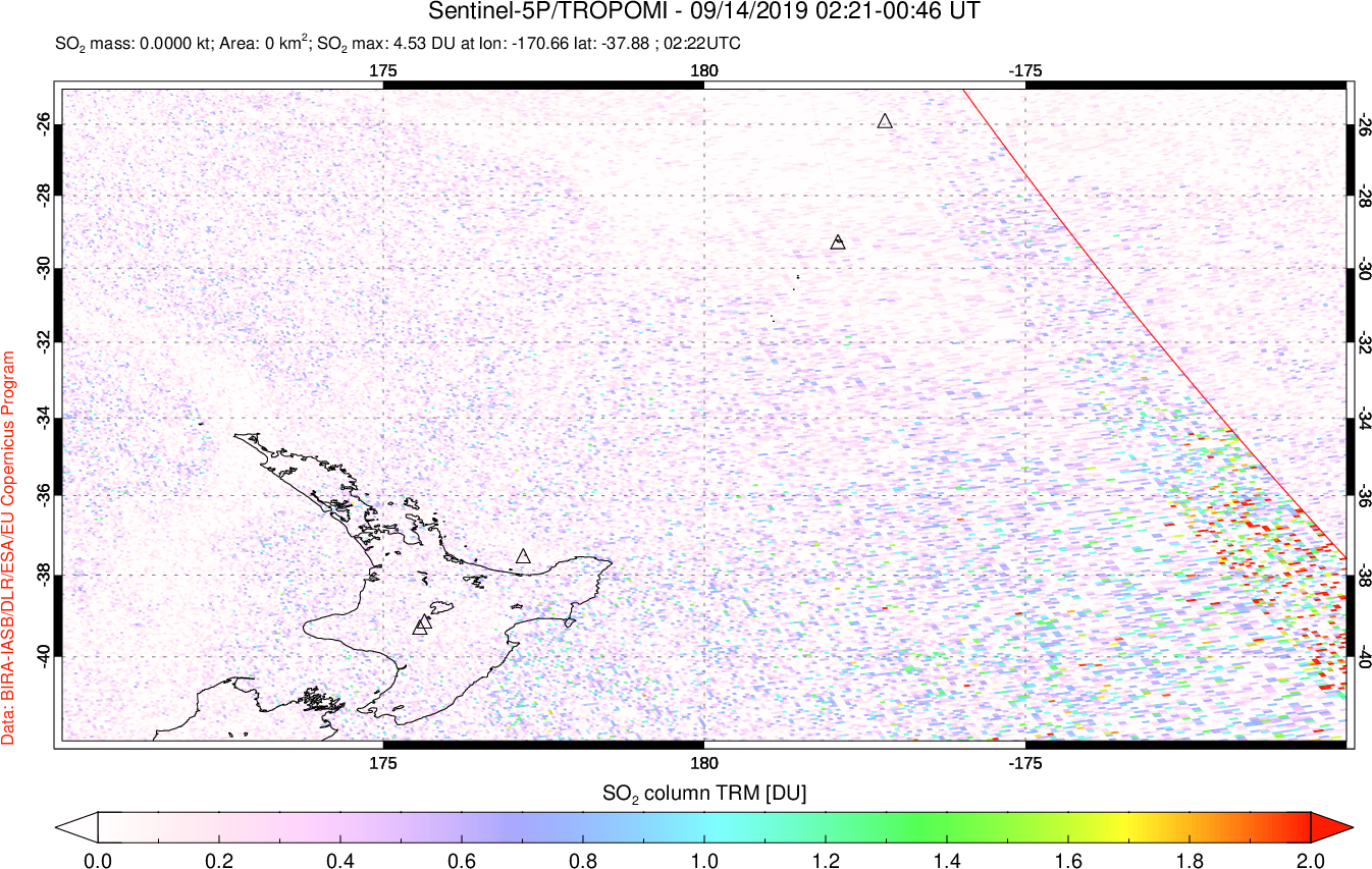 A sulfur dioxide image over New Zealand on Sep 14, 2019.