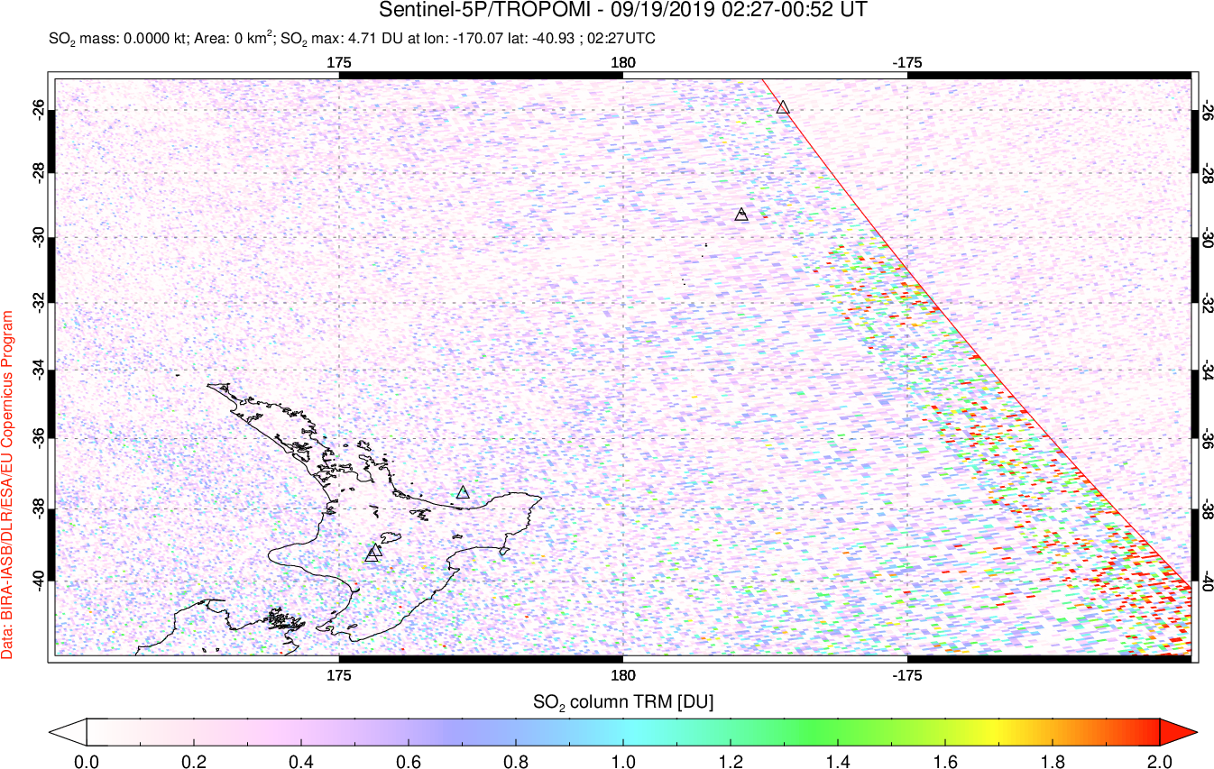 A sulfur dioxide image over New Zealand on Sep 19, 2019.