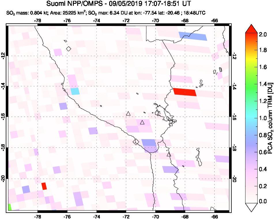 A sulfur dioxide image over Peru on Sep 05, 2019.