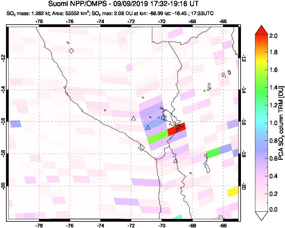 A sulfur dioxide image over Peru on Sep 09, 2019.