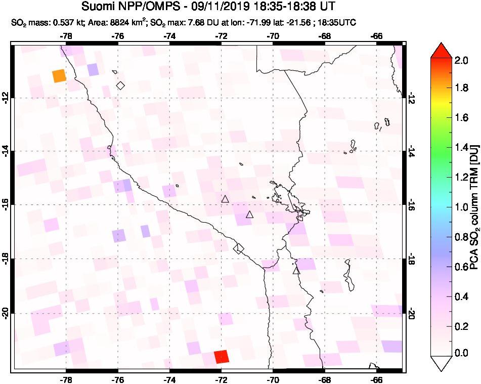 A sulfur dioxide image over Peru on Sep 11, 2019.