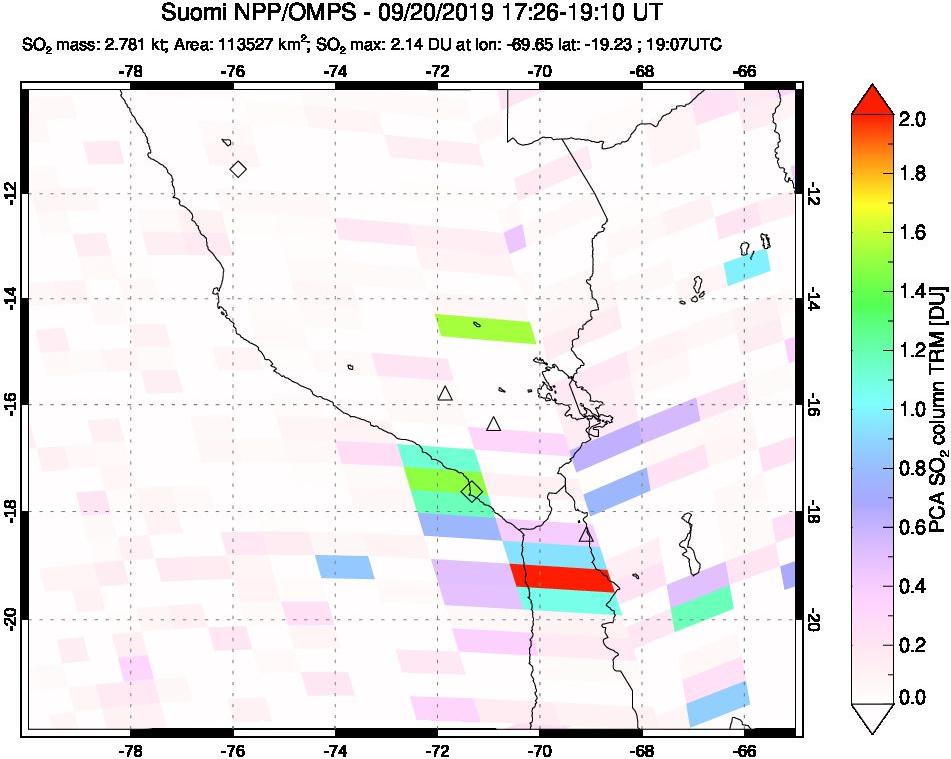 A sulfur dioxide image over Peru on Sep 20, 2019.