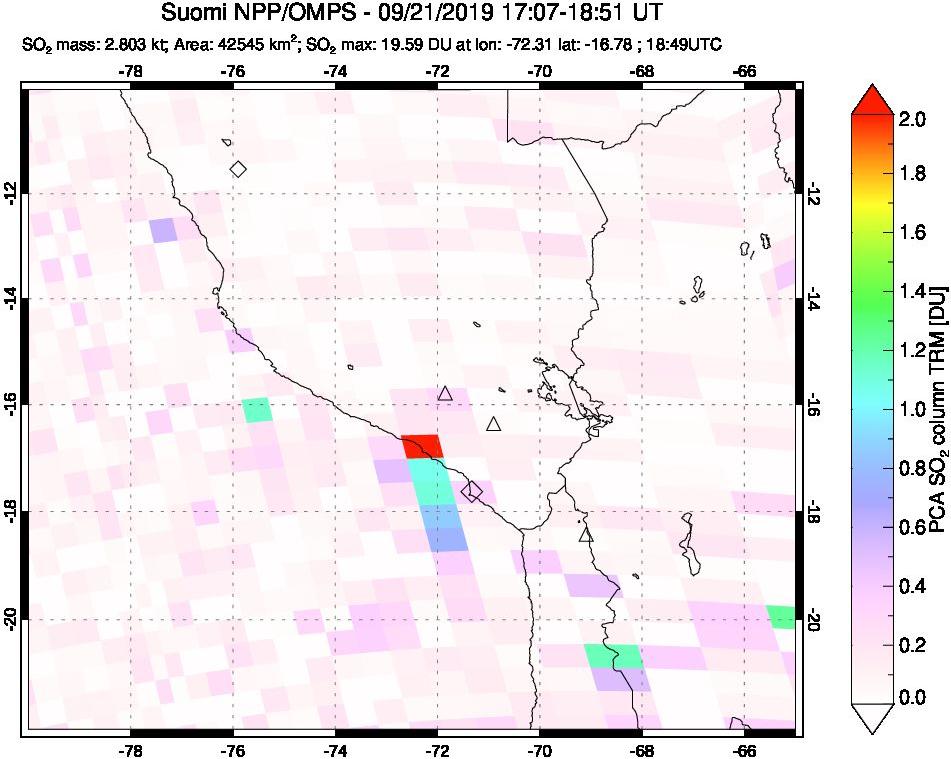 A sulfur dioxide image over Peru on Sep 21, 2019.