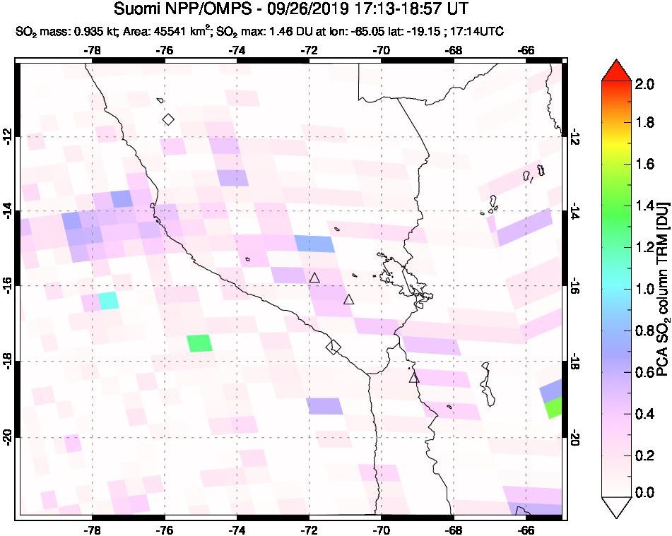 A sulfur dioxide image over Peru on Sep 26, 2019.