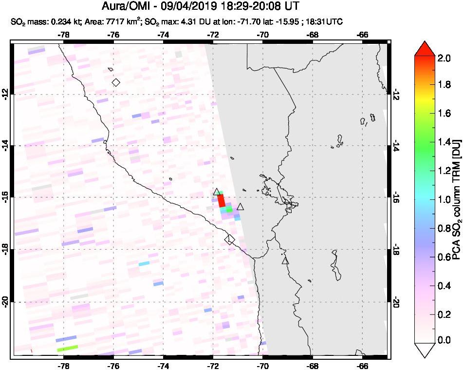 A sulfur dioxide image over Peru on Sep 04, 2019.