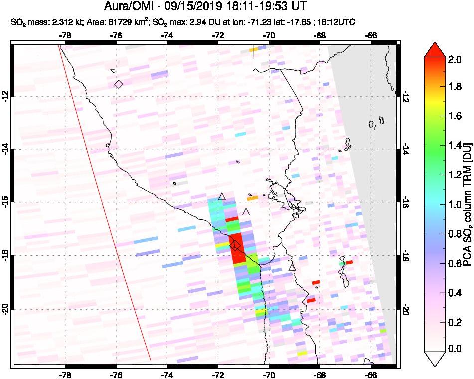A sulfur dioxide image over Peru on Sep 15, 2019.